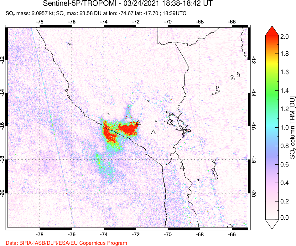 A sulfur dioxide image over Peru on Mar 24, 2021.