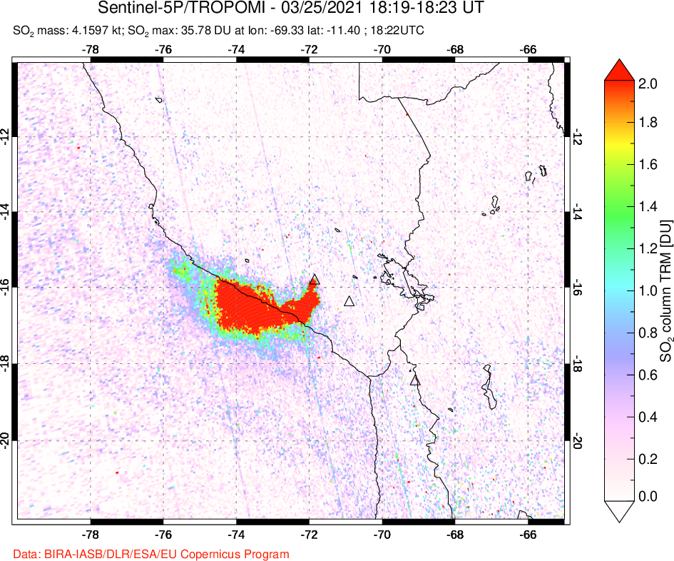 A sulfur dioxide image over Peru on Mar 25, 2021.