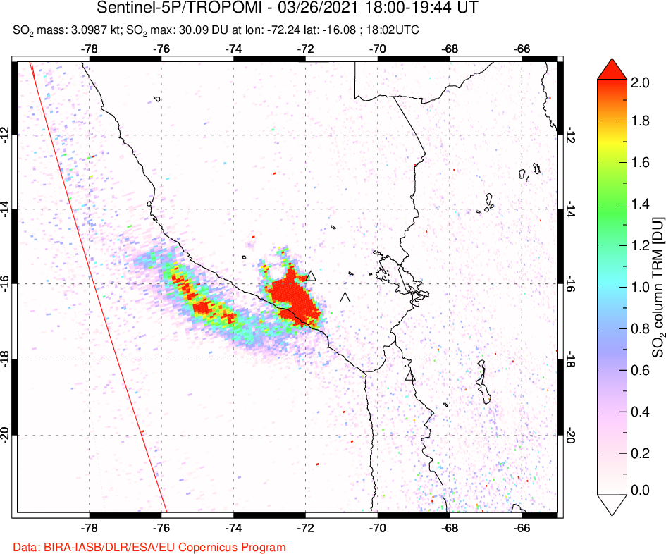 A sulfur dioxide image over Peru on Mar 26, 2021.