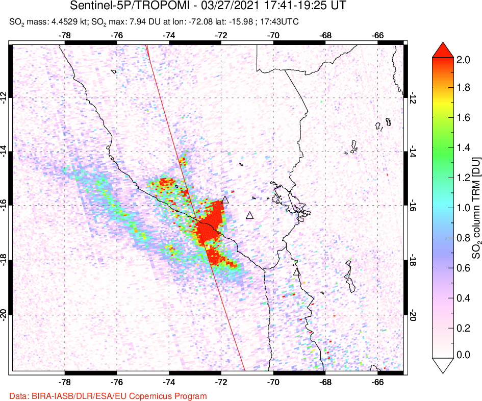 A sulfur dioxide image over Peru on Mar 27, 2021.