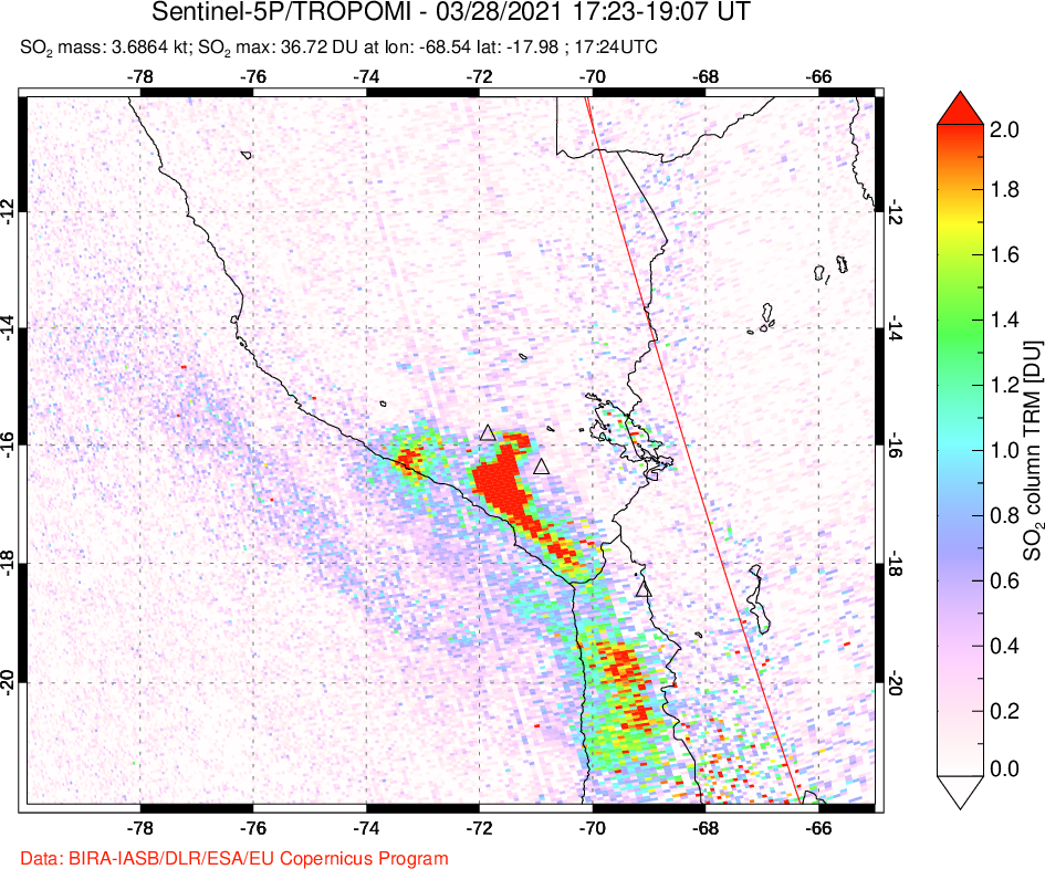 A sulfur dioxide image over Peru on Mar 28, 2021.