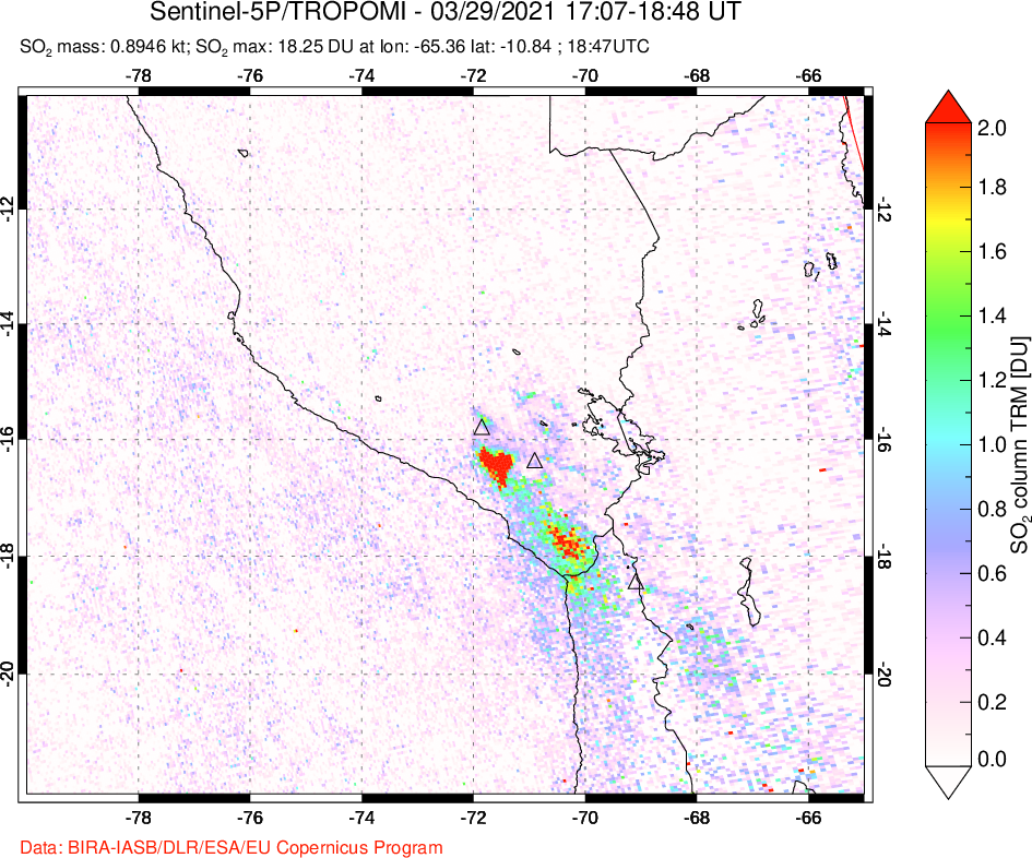 A sulfur dioxide image over Peru on Mar 29, 2021.