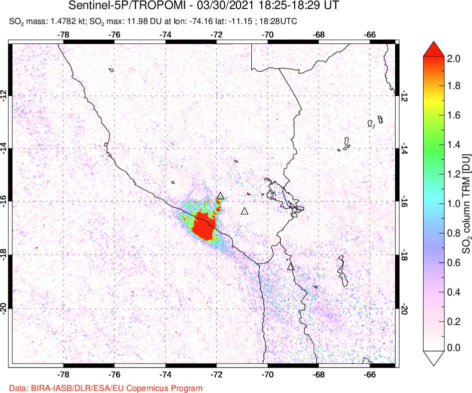A sulfur dioxide image over Peru on Mar 30, 2021.