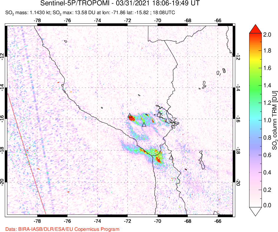 A sulfur dioxide image over Peru on Mar 31, 2021.