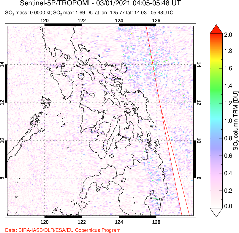 A sulfur dioxide image over Philippines on Mar 01, 2021.