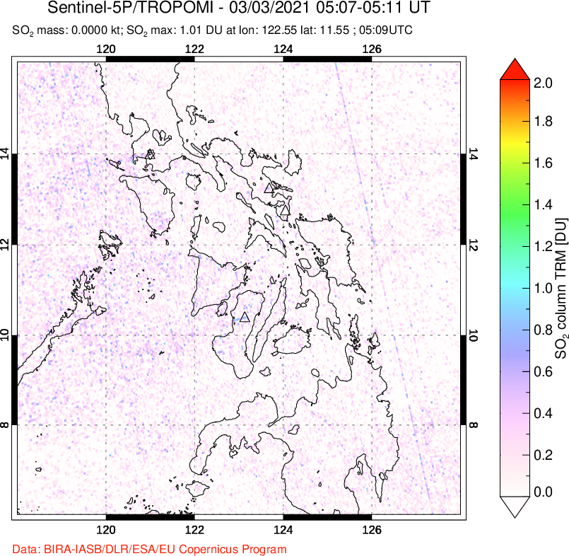 A sulfur dioxide image over Philippines on Mar 03, 2021.