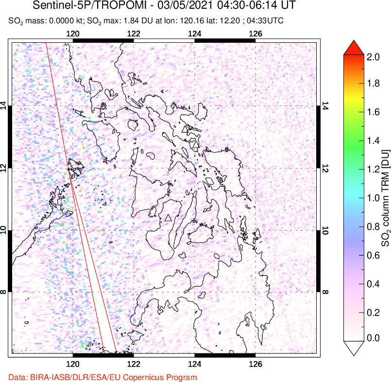 A sulfur dioxide image over Philippines on Mar 05, 2021.