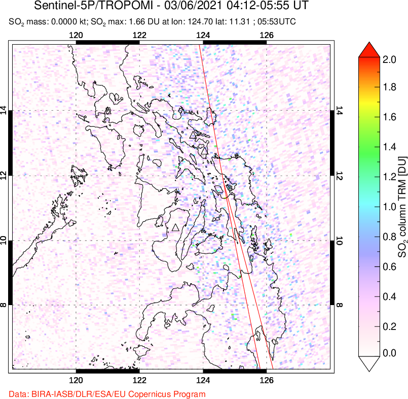 A sulfur dioxide image over Philippines on Mar 06, 2021.
