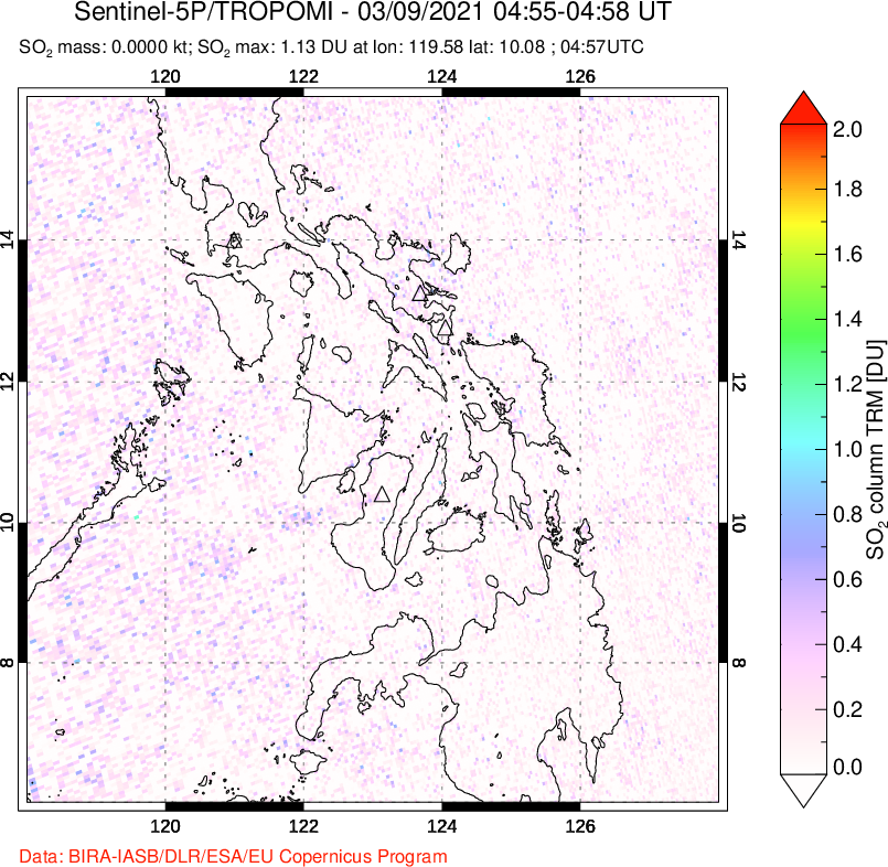 A sulfur dioxide image over Philippines on Mar 09, 2021.