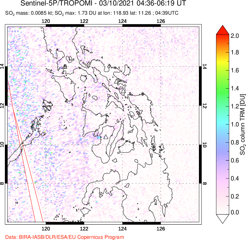 A sulfur dioxide image over Philippines on Mar 10, 2021.