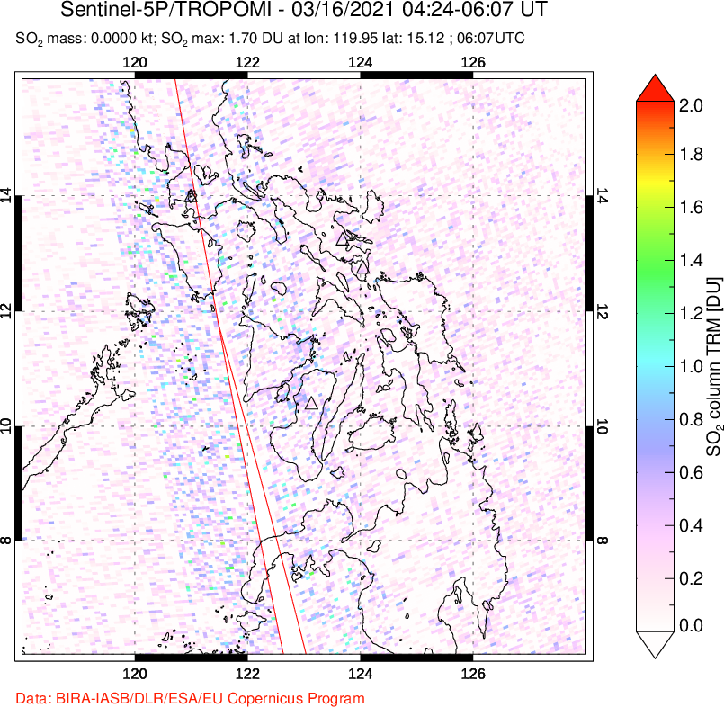 A sulfur dioxide image over Philippines on Mar 16, 2021.