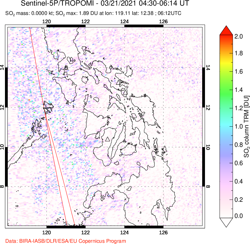 A sulfur dioxide image over Philippines on Mar 21, 2021.