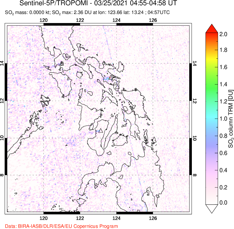 A sulfur dioxide image over Philippines on Mar 25, 2021.