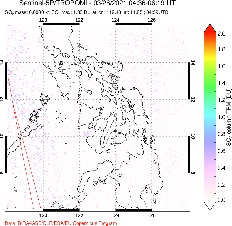 A sulfur dioxide image over Philippines on Mar 26, 2021.
