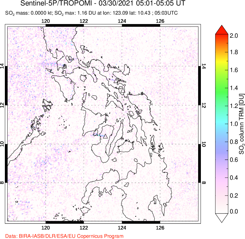 A sulfur dioxide image over Philippines on Mar 30, 2021.
