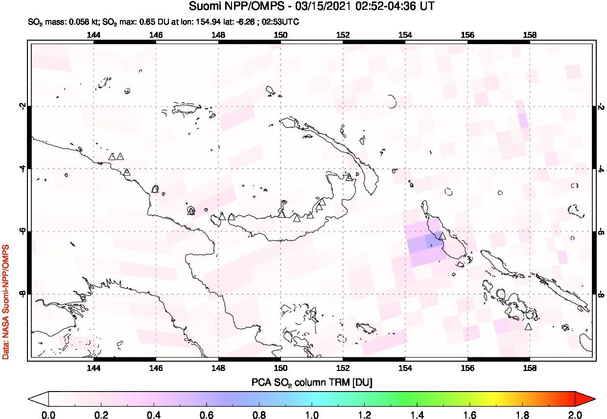 A sulfur dioxide image over Papua, New Guinea on Mar 15, 2021.