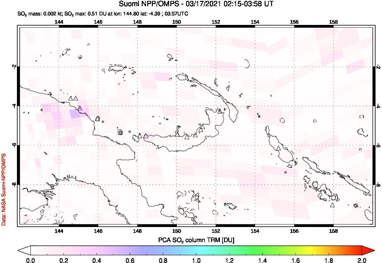 A sulfur dioxide image over Papua, New Guinea on Mar 17, 2021.