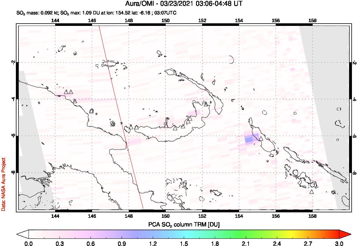 A sulfur dioxide image over Papua, New Guinea on Mar 23, 2021.