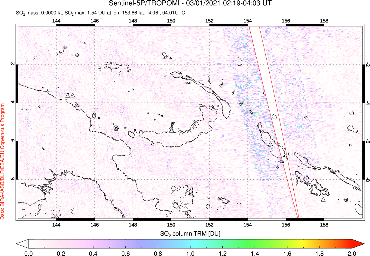 A sulfur dioxide image over Papua, New Guinea on Mar 01, 2021.