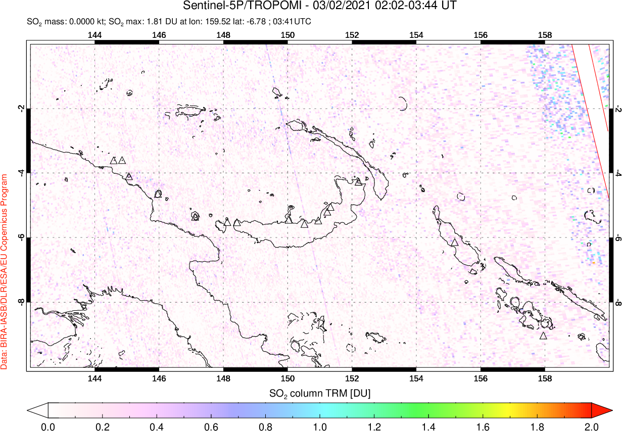 A sulfur dioxide image over Papua, New Guinea on Mar 02, 2021.