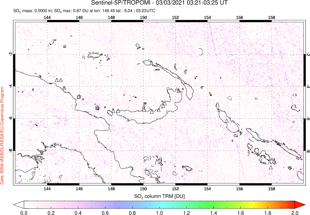 A sulfur dioxide image over Papua, New Guinea on Mar 03, 2021.