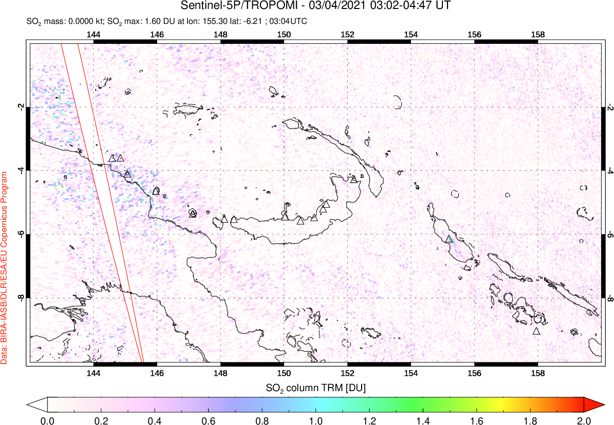 A sulfur dioxide image over Papua, New Guinea on Mar 04, 2021.
