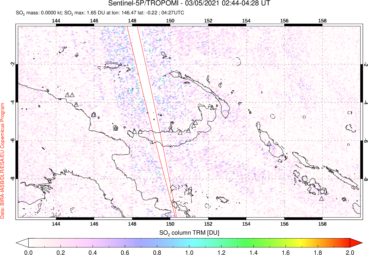 A sulfur dioxide image over Papua, New Guinea on Mar 05, 2021.