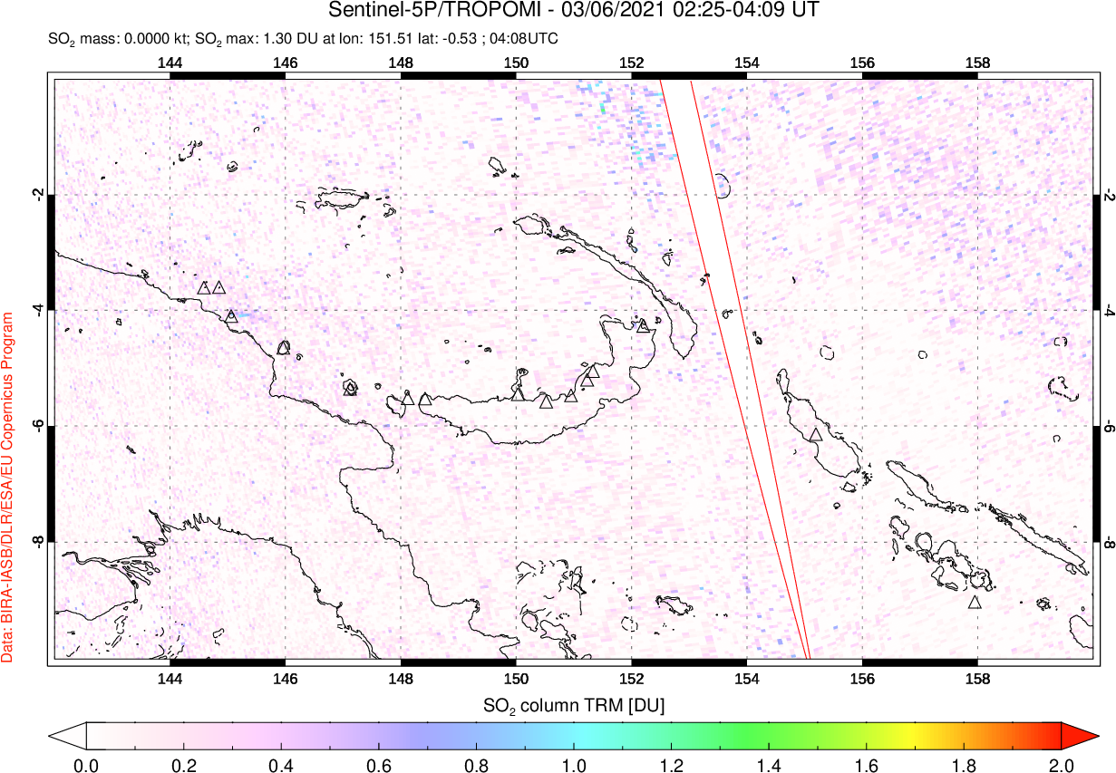 A sulfur dioxide image over Papua, New Guinea on Mar 06, 2021.