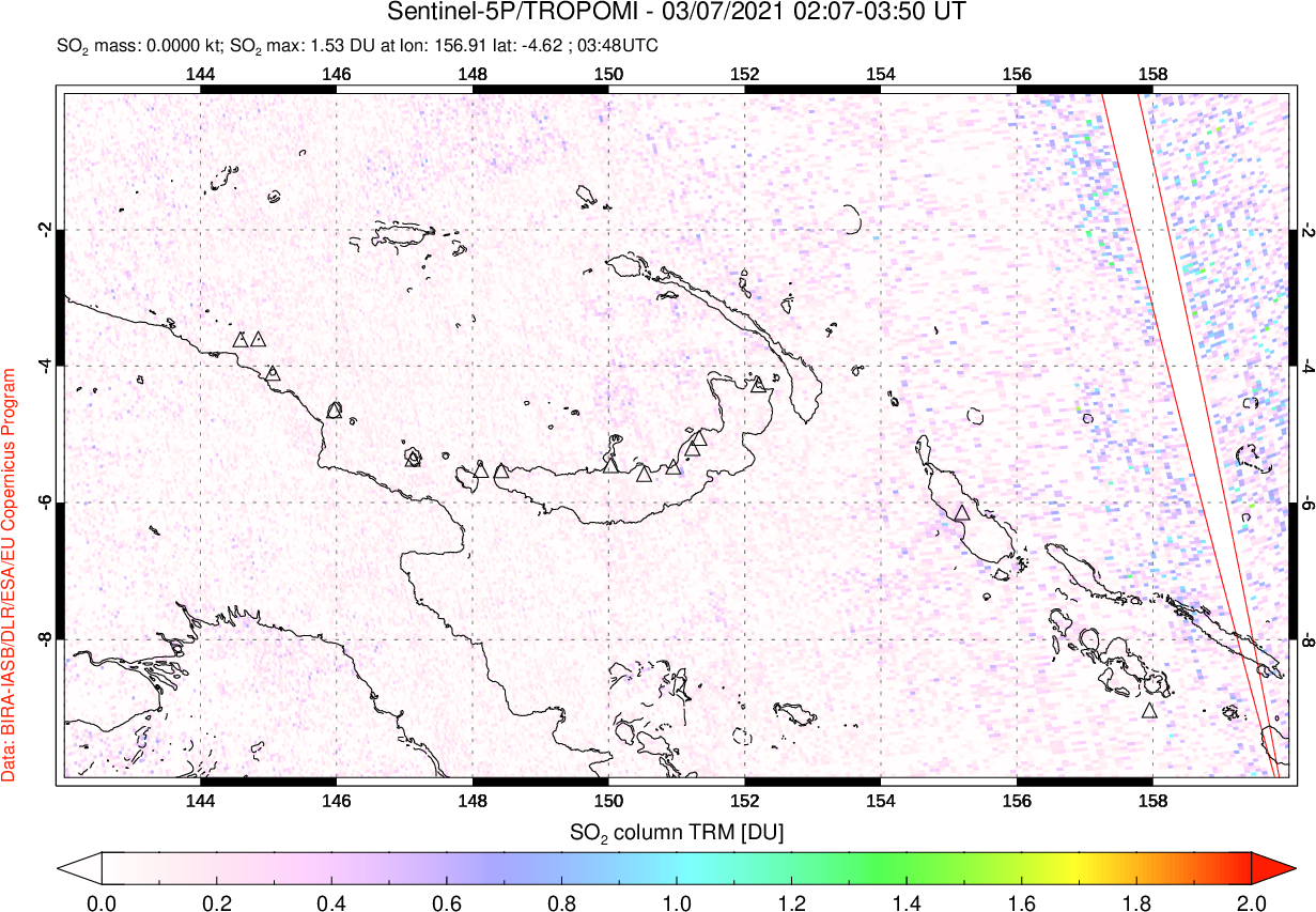 A sulfur dioxide image over Papua, New Guinea on Mar 07, 2021.