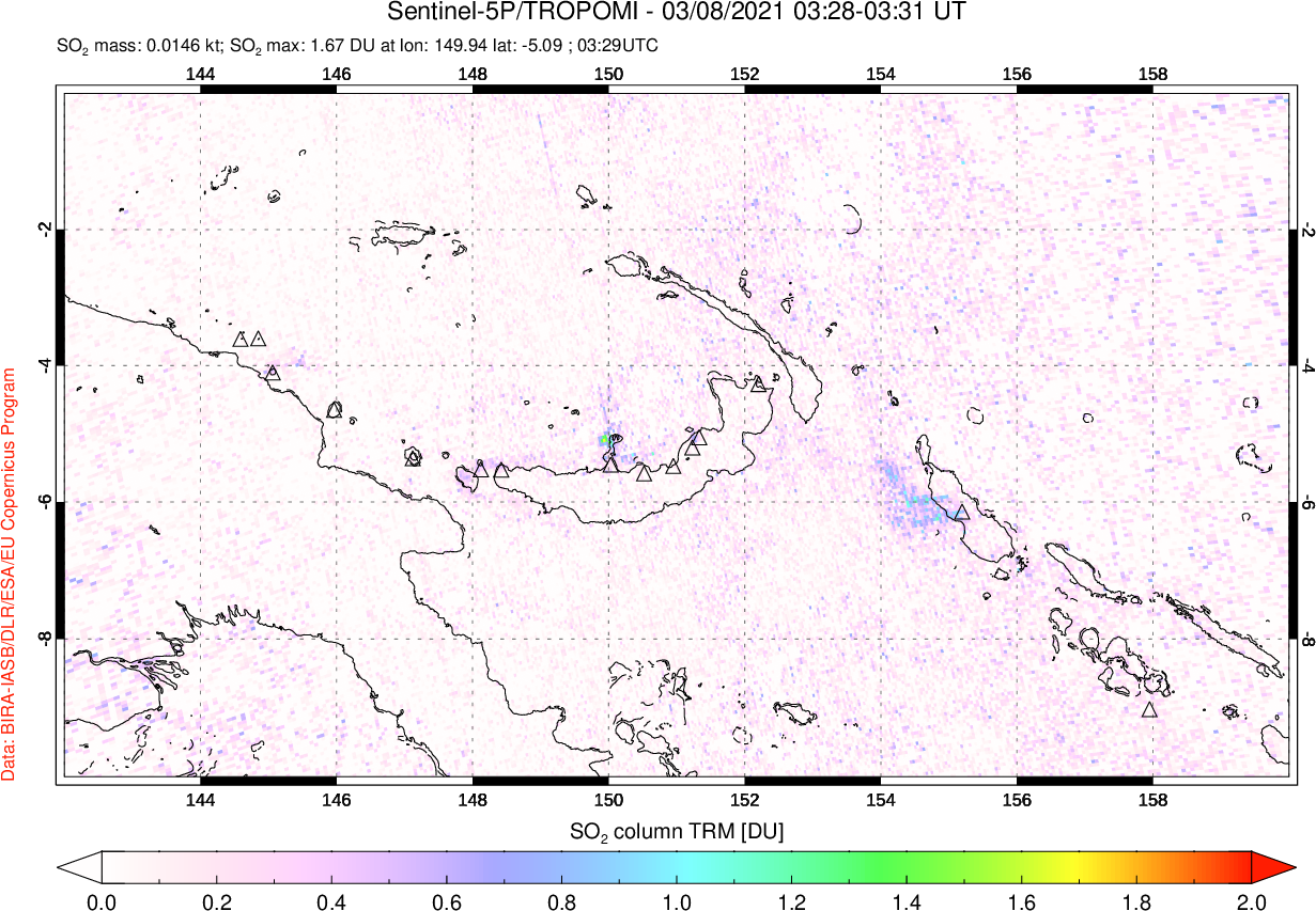 A sulfur dioxide image over Papua, New Guinea on Mar 08, 2021.