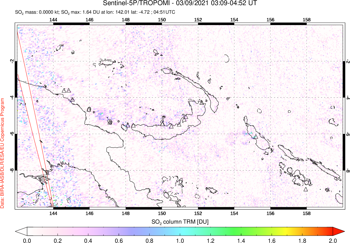 A sulfur dioxide image over Papua, New Guinea on Mar 09, 2021.