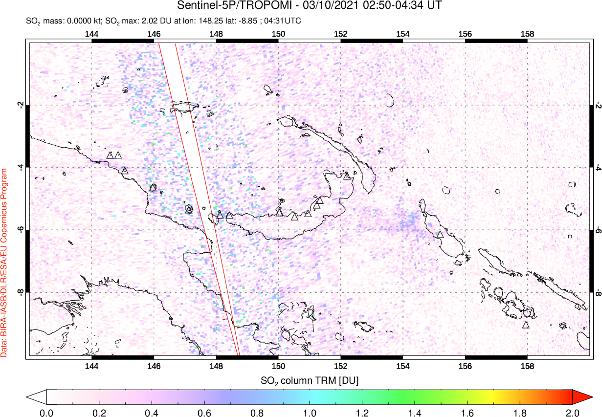 A sulfur dioxide image over Papua, New Guinea on Mar 10, 2021.