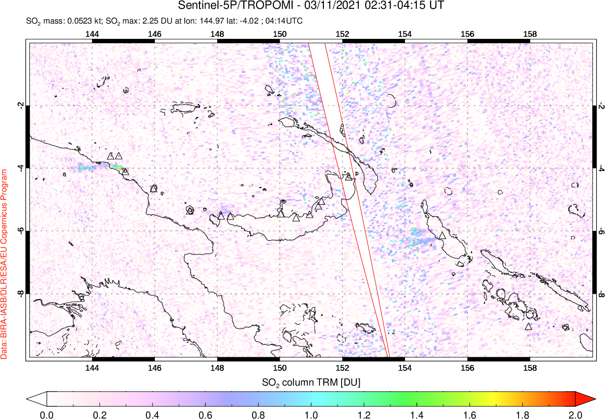 A sulfur dioxide image over Papua, New Guinea on Mar 11, 2021.