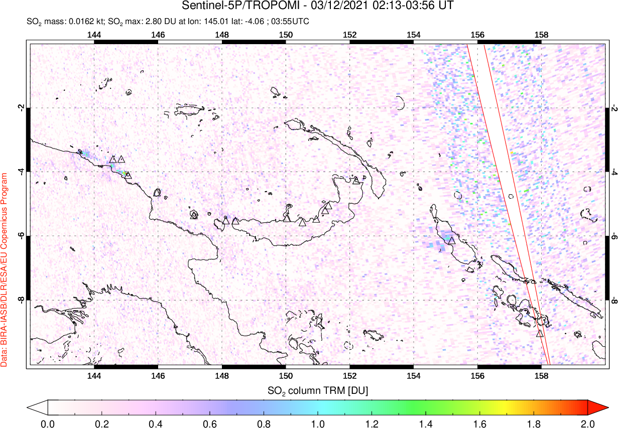 A sulfur dioxide image over Papua, New Guinea on Mar 12, 2021.