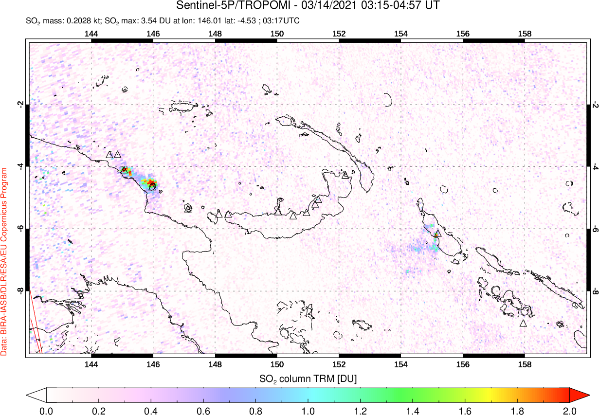 A sulfur dioxide image over Papua, New Guinea on Mar 14, 2021.