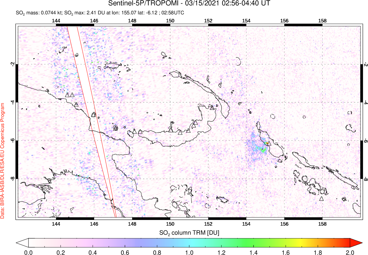 A sulfur dioxide image over Papua, New Guinea on Mar 15, 2021.