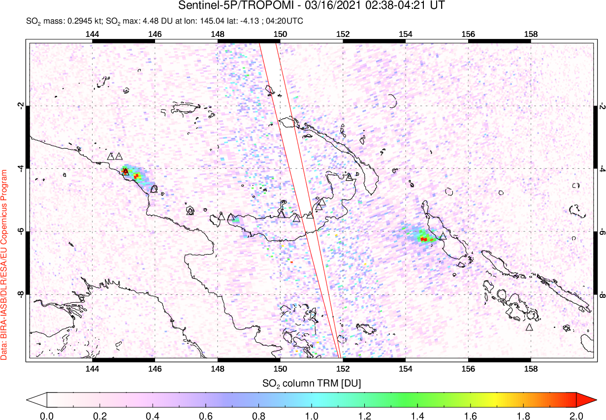 A sulfur dioxide image over Papua, New Guinea on Mar 16, 2021.