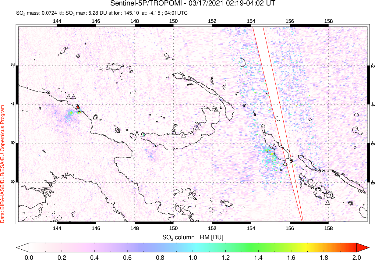 A sulfur dioxide image over Papua, New Guinea on Mar 17, 2021.