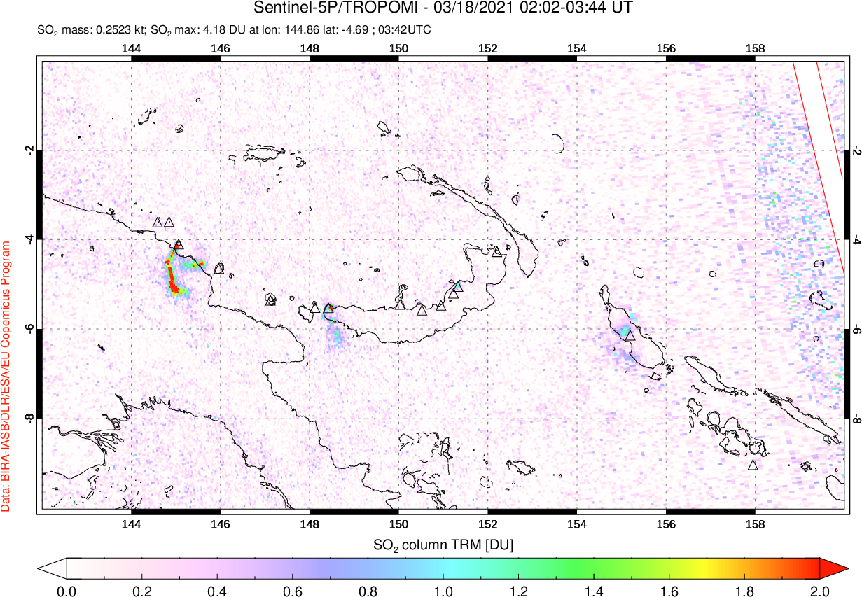 A sulfur dioxide image over Papua, New Guinea on Mar 18, 2021.