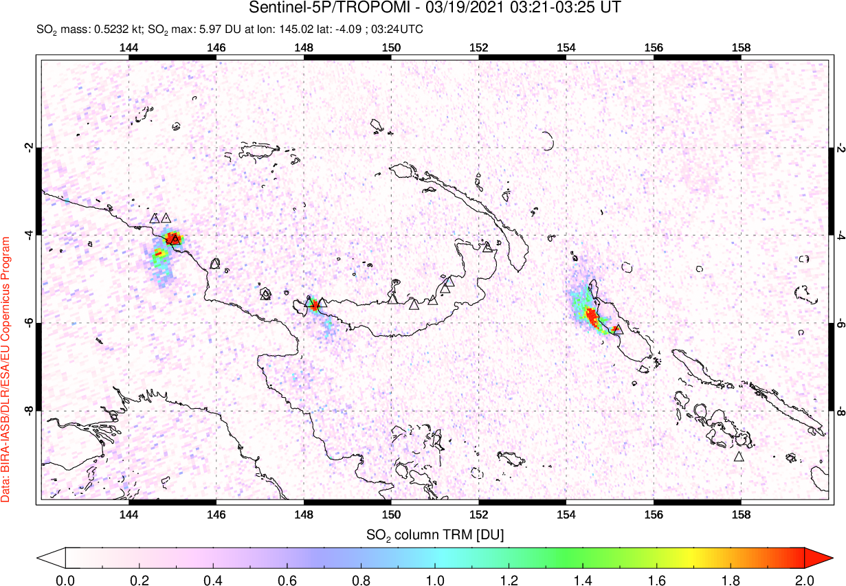 A sulfur dioxide image over Papua, New Guinea on Mar 19, 2021.