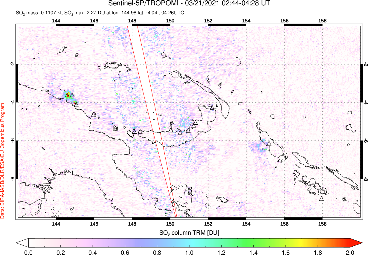 A sulfur dioxide image over Papua, New Guinea on Mar 21, 2021.