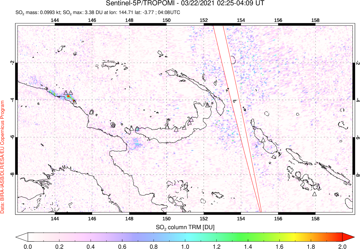 A sulfur dioxide image over Papua, New Guinea on Mar 22, 2021.
