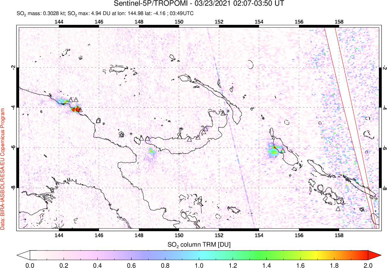 A sulfur dioxide image over Papua, New Guinea on Mar 23, 2021.