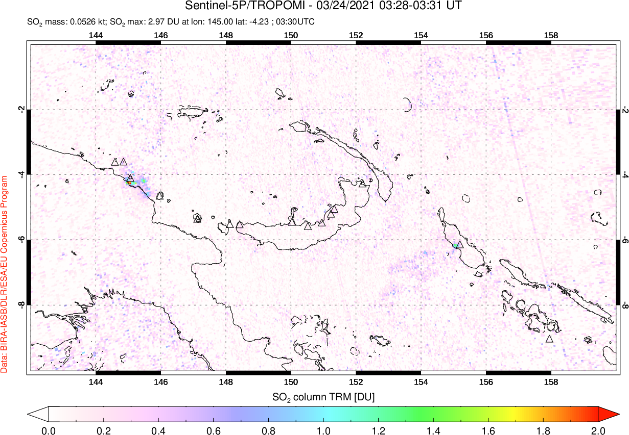 A sulfur dioxide image over Papua, New Guinea on Mar 24, 2021.
