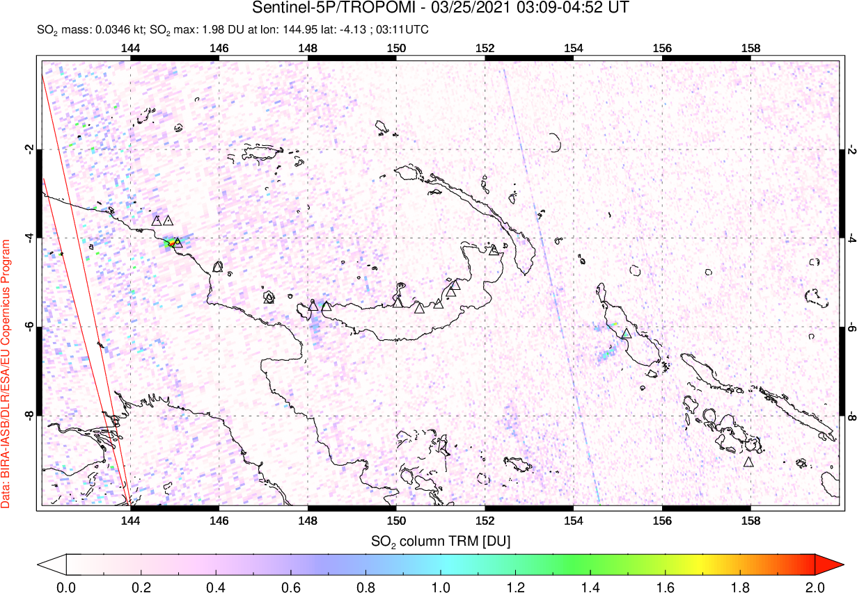 A sulfur dioxide image over Papua, New Guinea on Mar 25, 2021.
