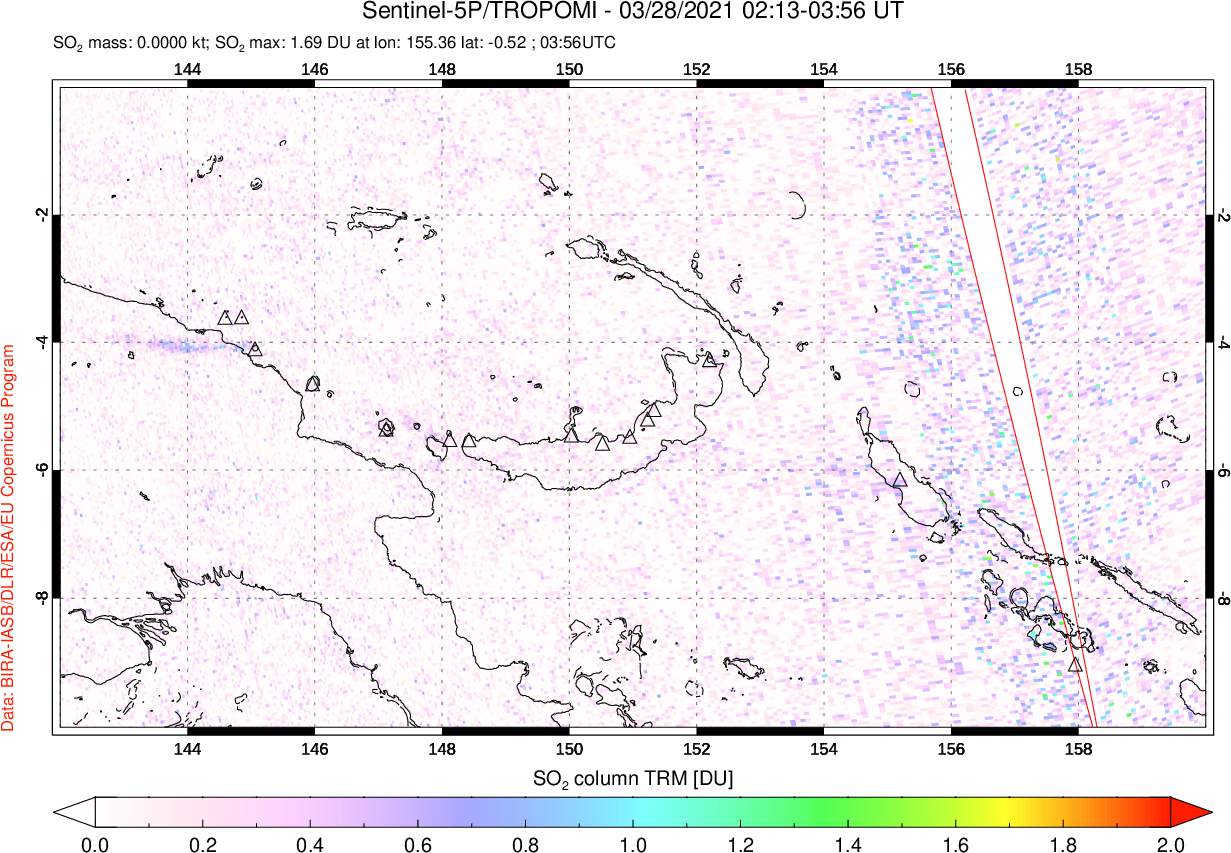 A sulfur dioxide image over Papua, New Guinea on Mar 28, 2021.