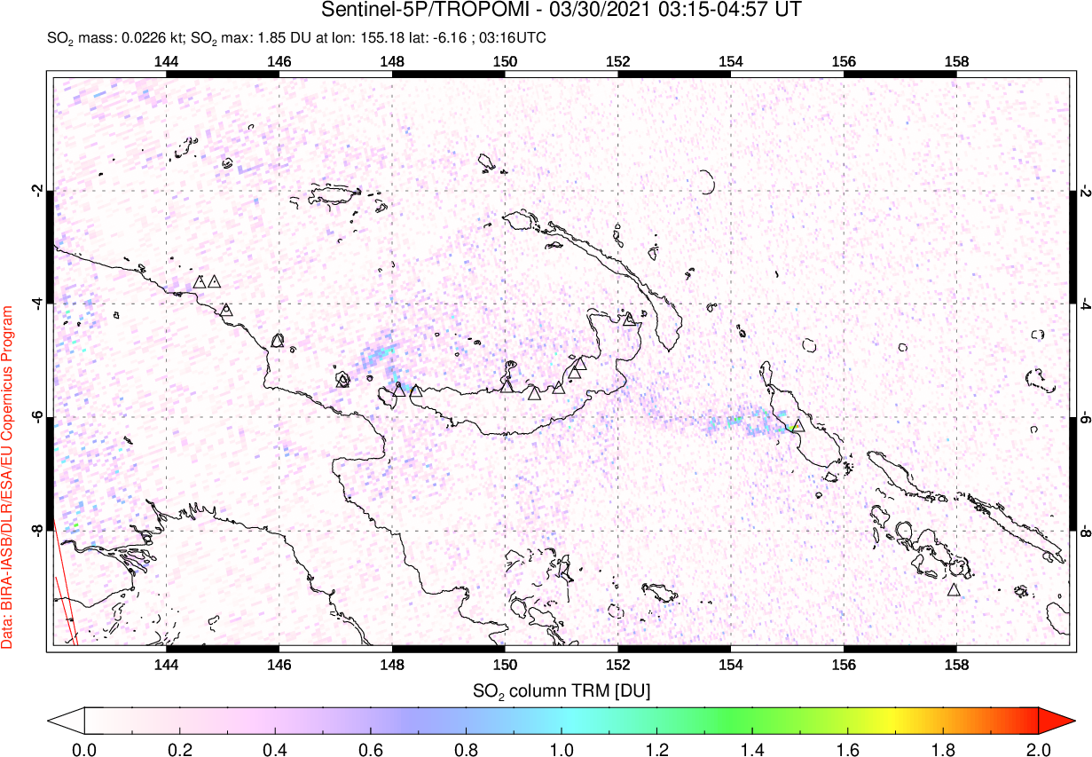 A sulfur dioxide image over Papua, New Guinea on Mar 30, 2021.