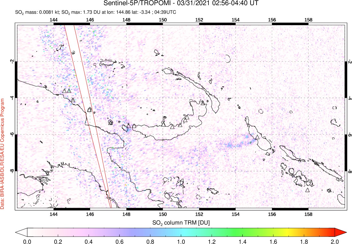 A sulfur dioxide image over Papua, New Guinea on Mar 31, 2021.