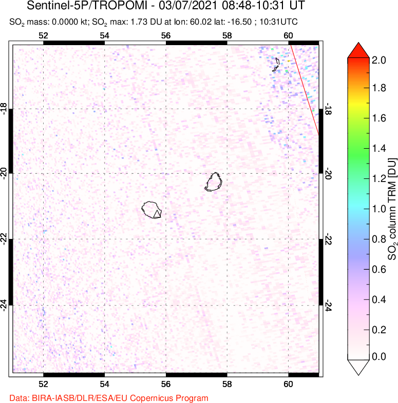 A sulfur dioxide image over Reunion Island, Indian Ocean on Mar 07, 2021.
