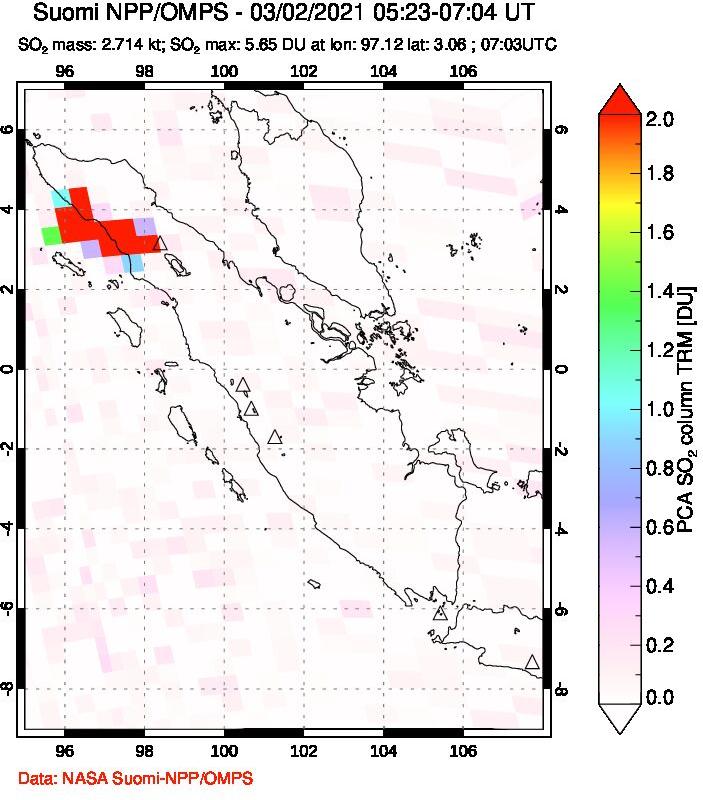 A sulfur dioxide image over Sumatra, Indonesia on Mar 02, 2021.